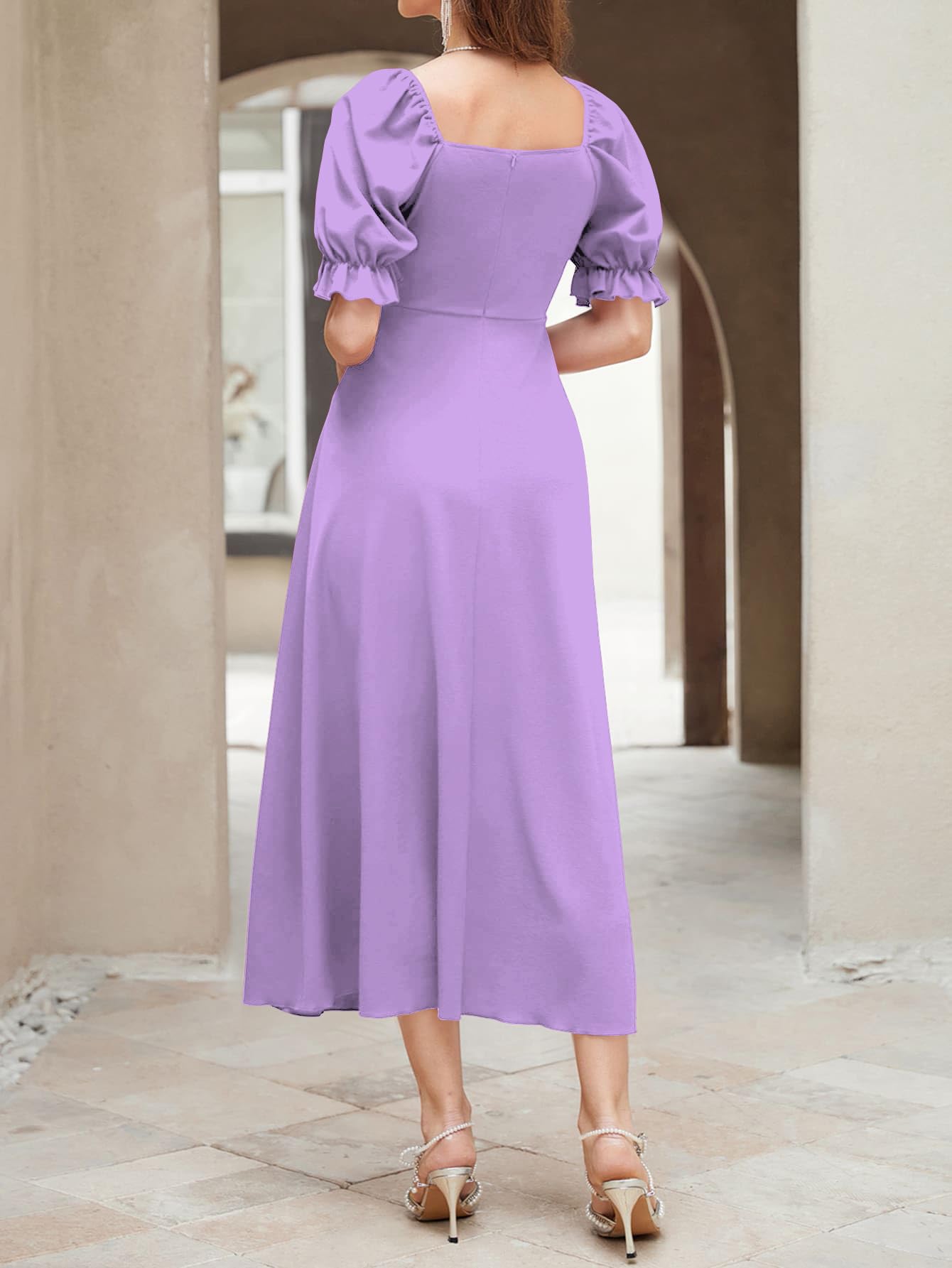 Shasmi GirlS & WomenS Solid A-Line Ruched Puff Sleeve Maxi Long Evening One Piece Long Dress For Women Stylish (Dress 131 Ligh