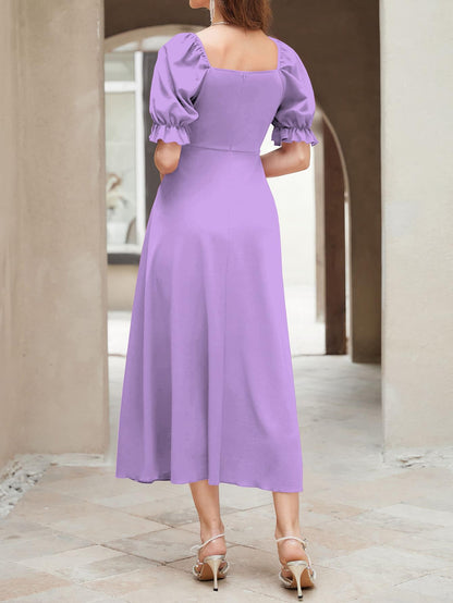 Shasmi GirlS & WomenS Solid A-Line Ruched Puff Sleeve Maxi Long Evening One Piece Long Dress For Women Stylish (Dress 131 Ligh