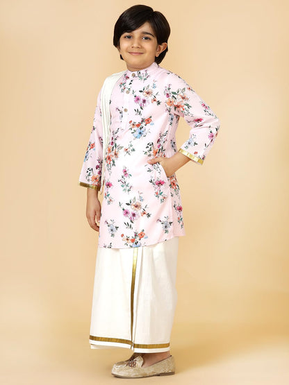 A.T.U.N. (ALL THINGS UBER NICE) Boys Soft Pink Floral Printed Kurta with Elasticated Mundu with Underneath Shorts Set