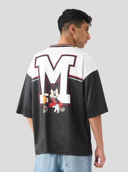 The Souled Store Mickey Mouse: Slam Dunk Men and Boys Short Sleeves V-Neck Black and White Graphic Printed Polyester Oversized T