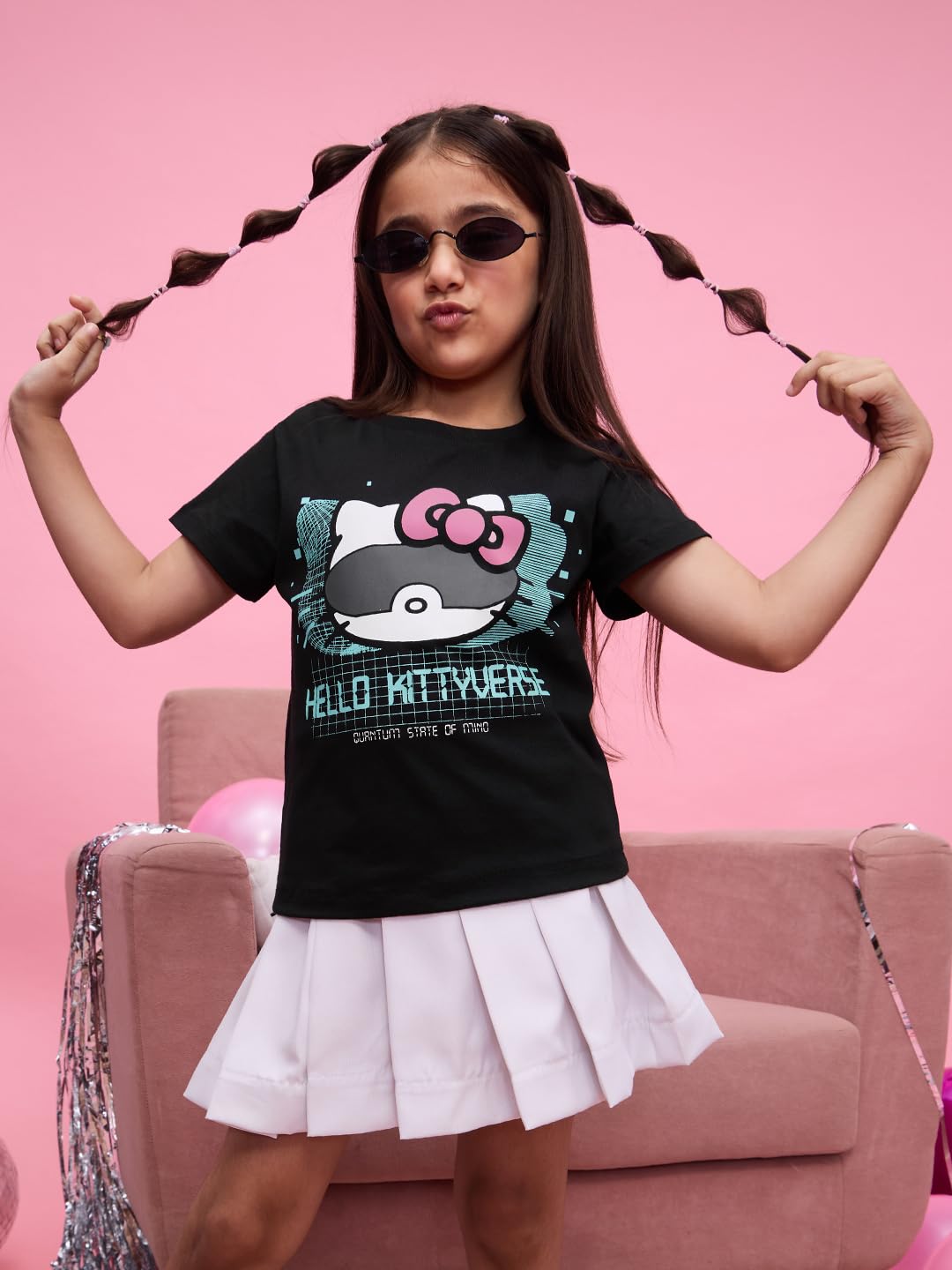 The Souled Store Hello Kitty: Kittyverse Young Girls Short Sleeves Round Neck Black Graphic Printed Regular Fit Cotton T-Shirts