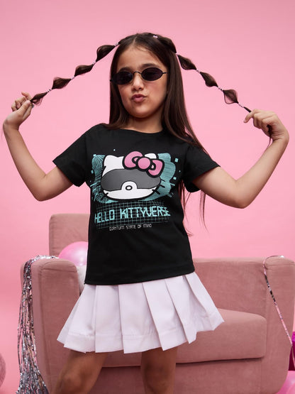 The Souled Store Hello Kitty: Kittyverse Young Girls Short Sleeves Round Neck Black Graphic Printed Regular Fit Cotton T-Shirts