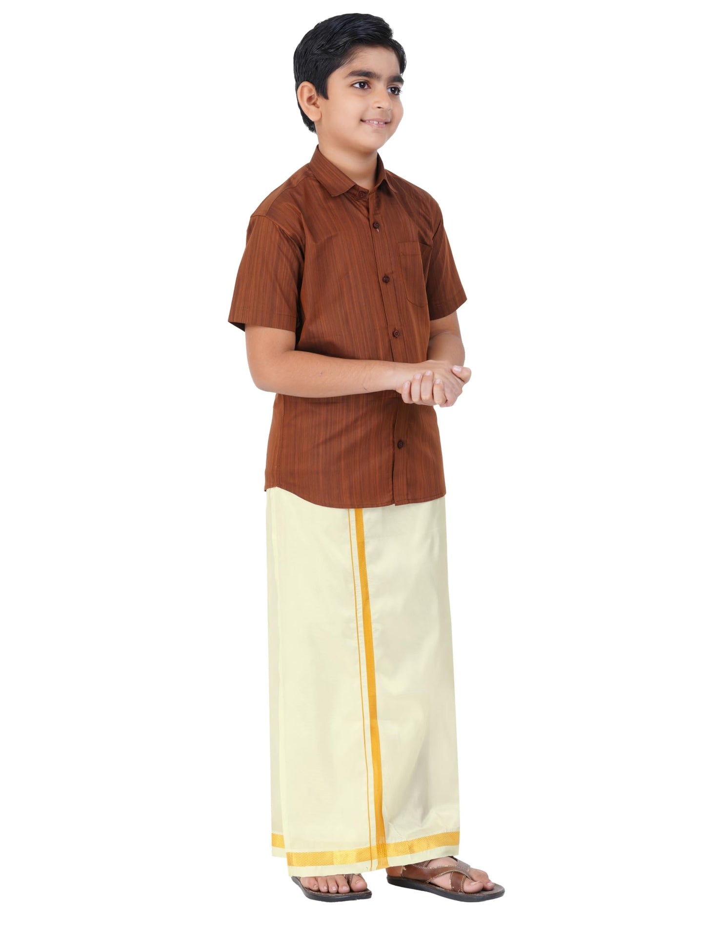 Boys Cotton Half Sleeve Self Design Shirt With Stitched Art Silk Dhoti for boys (Madriyad-Maroon)