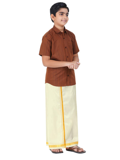 Boys Cotton Half Sleeve Self Design Shirt With Stitched Art Silk Dhoti for boys (Madriyad-Maroon)