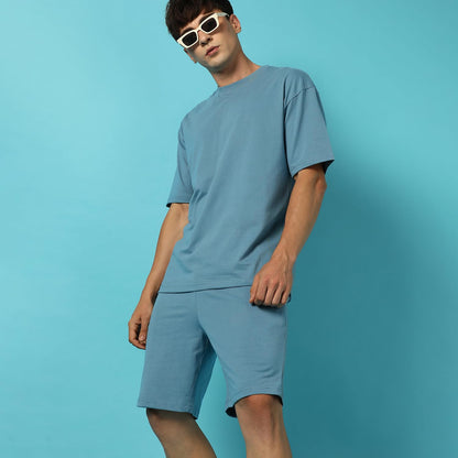 Campus Sutra Mens Solid Blue Casual Co-Ord Set for Casual Wear |Cotton Poly Lycra Fabric |Pull On T-Shirt |Pull On Shorts |Clot