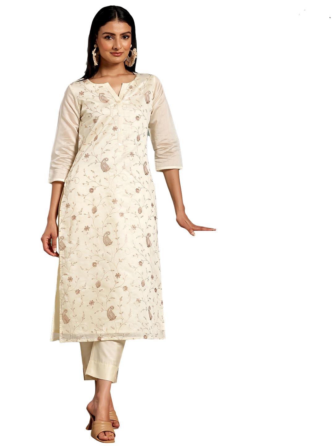 Libas Off White Printed Chanderi Silk Straight Kurta