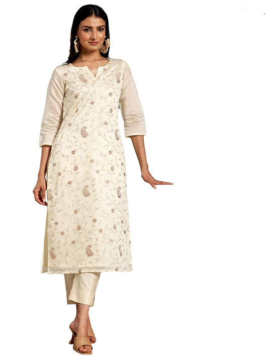 Libas Off White Printed Chanderi Silk Straight Kurta