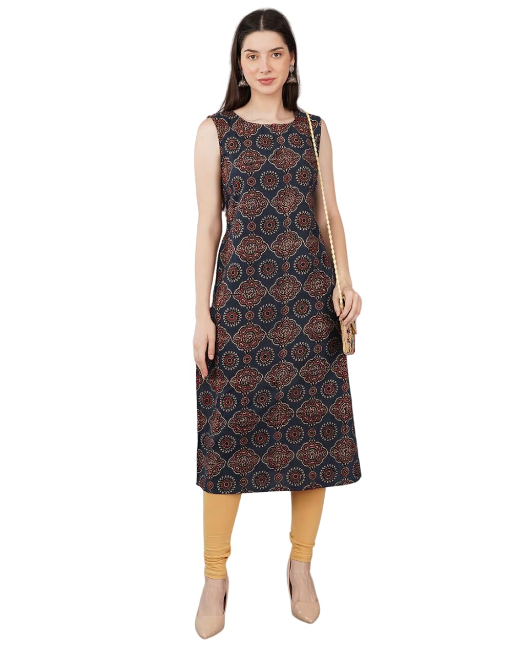 Patlani WomenS Cotton Blened Sleeveless Printed Full Stitched Kurti.(K-199) Dark Blue