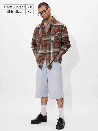 The Souled Store Plaid Originals: Brown, Rust, Black Men and Boys Long Sleeve Collared Neck Regular Fit Cotton Button Down Utili