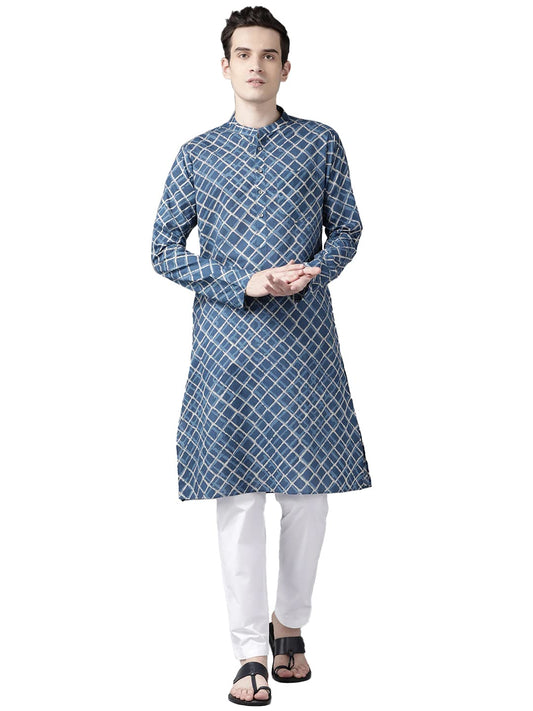 See Designs Blue & White Cotton Regular Fit Mandarin Collar Printed Kurta Set Two Pockets
