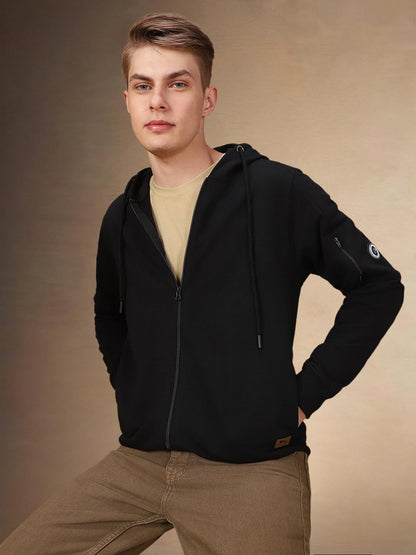 Dennis Lingo Men Solid Polycotton Regular Fit Full Sleeves Front-Open Sweatshirts Black