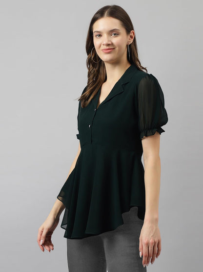 Toochki Womens Bottle Green Georgette Solid Flared Western Top | Winter Top | Western Top | Top for Women | Latest Women Top |