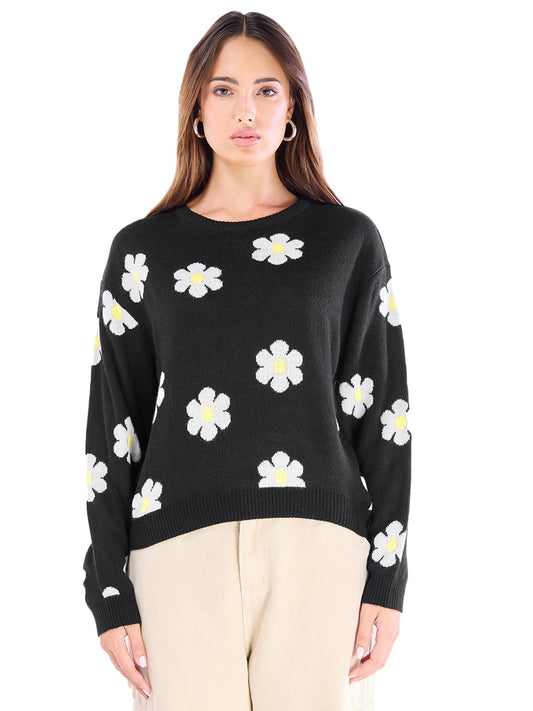Bewakoof Womens All Over Printed Oversized Fit Full Sleeve Round Neck 100% Acrylic Sweater_641019_Black_S