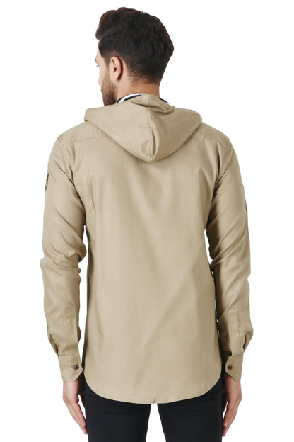 Besix MenS Cream Tailored Fit Cotton Blend Shirt For Man With Hoodie - Casual Long Sleeve Shirt With Pockets - Patch Detail For