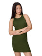 The Souled Store Solids: Olive Green Women And Girls Sleeveless Round Neck Polyester Blend Ribbed Body Con Dresses