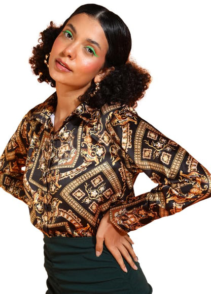 POPWINGS Printed Full-Sleeves Regular-Fit Satin Printed Shirt for Women Stylish Western Casual Wear Black Golden
