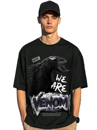 Bewakoof Official Marvel Merchandise Venom Mens Graphic Print Oversized Fit Half Sleeve Round Neck Cotton T-Shirt_651229_Black_