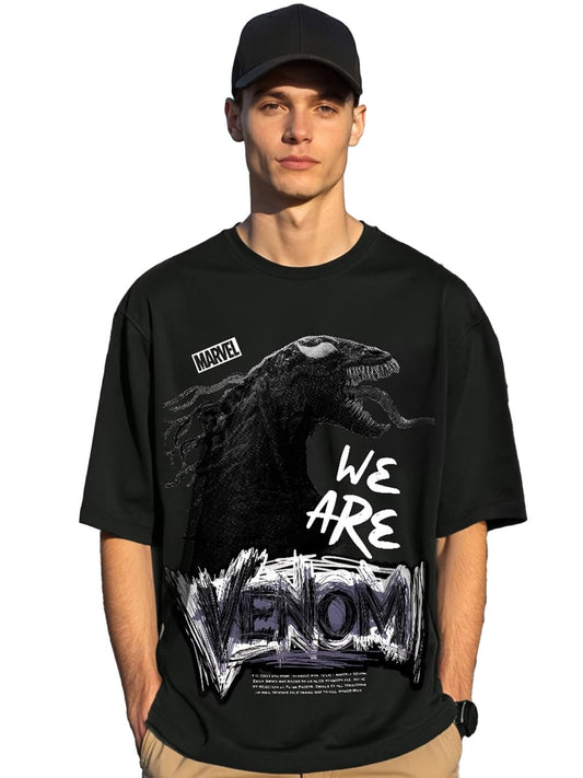 Bewakoof Official Marvel Merchandise Venom Mens Graphic Print Oversized Fit Half Sleeve Round Neck Cotton T-Shirt_651229_Black_