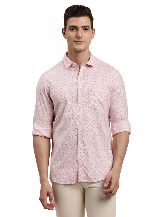 Turtle Men 100% Cotton Printed Slim Fit Pink Casual Shirt