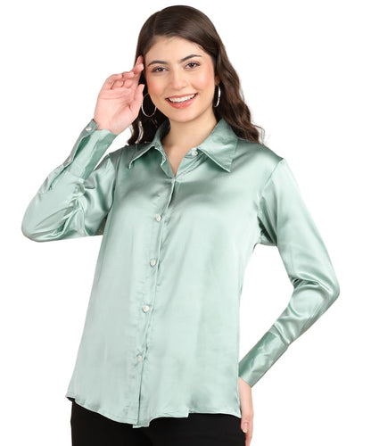 POPWINGS Women Polyester Solid Satin Shirt | Satin Shirts Stylish Western| Regular Fit and Full-Sleeves Casual and Semi-Formal S