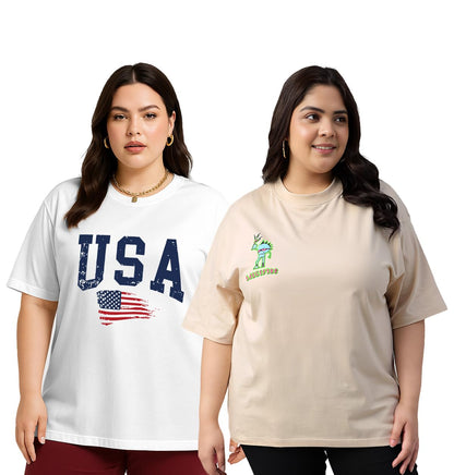 Juneberry 100% Pure Cotton Oversized Loose Baggy Fit Drop Shoulder Graphic Printed Plus Size T-Shirt Combo For Women (Pack Of 2)