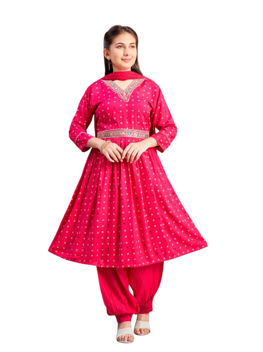Aarika Girls Ethnic Wear Rani Colour Foil Print Embroidery Rayon Kurti-8-15 Years (Kurti-Tr-K-1023)