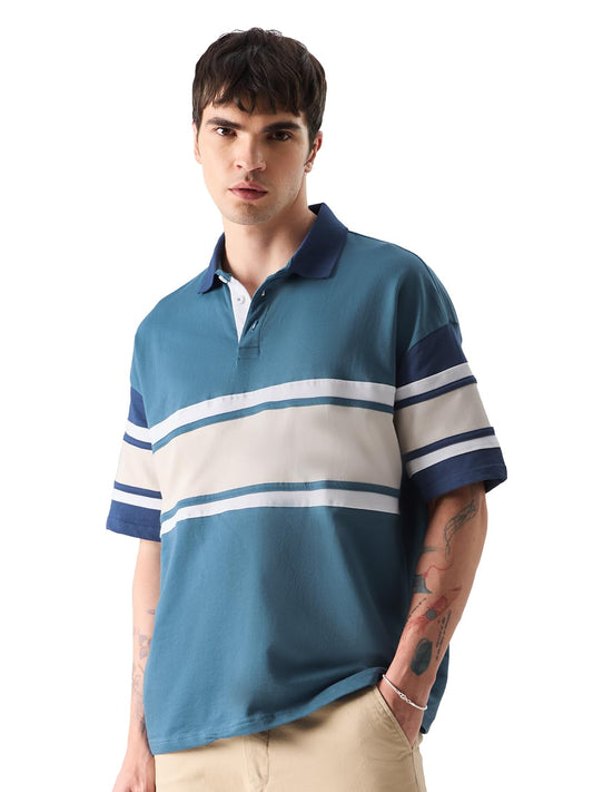 The Souled Store Solids: Ocean Blue Colourblock Mens Oversized Fit Solid Half Sleeve Cotton Multicolored Oversized Polos Oversiz