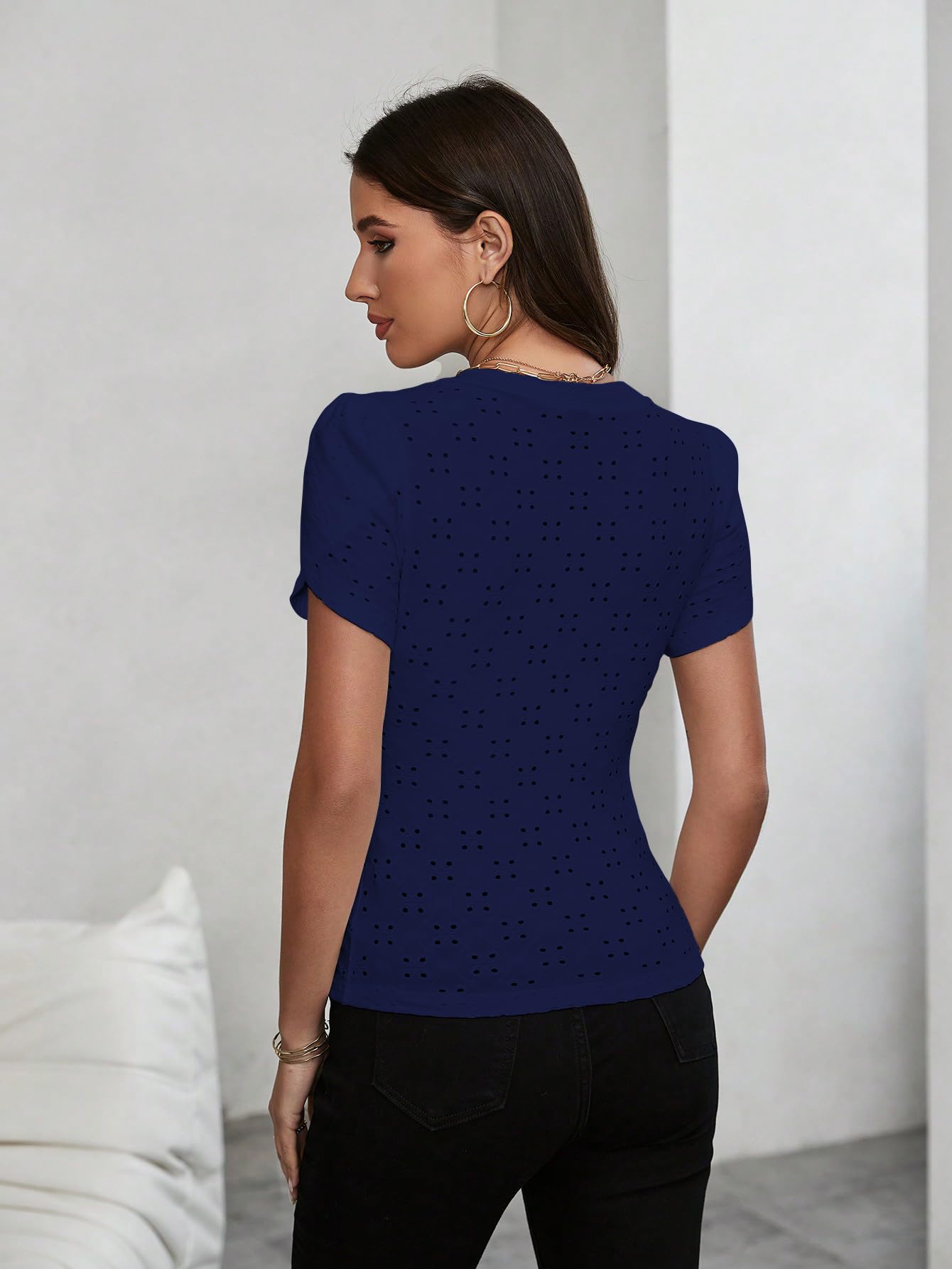 Sugathari Girls & Womens Navy Blue Eyelet Embroidery Knitted V Neck Casual Slim Fit Women T-Shirt, Short Sleeve Schiffli Crop