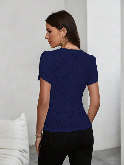 Sugathari Girls & Womens Navy Blue Eyelet Embroidery Knitted V Neck Casual Slim Fit Women T-Shirt, Short Sleeve Schiffli Crop
