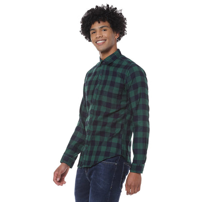 Campus Sutra Mens Navy Blue & Forest Green Buffalo Check Shirt for Casual Wear | Spread Collar | Long Sleeve | Button Closure |