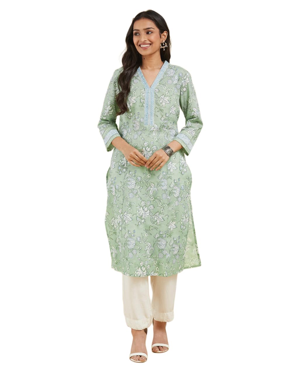 Fabindia Women's Green Cotton Printed Slim Fit Long Kurta