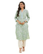 Fabindia Women's Green Cotton Printed Slim Fit Long Kurta