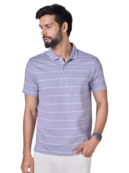 XYXX Linea Mens Stripe Cotton T-Shirt | Polo Collor Tshirts | Half Sleeves | Stripe-Slim Fit | Misty Lilac