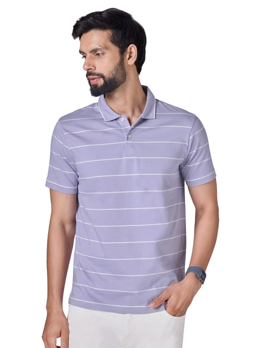 XYXX Linea Mens Stripe Cotton T-Shirt | Polo Collor Tshirts | Half Sleeves | Stripe-Slim Fit | Misty Lilac