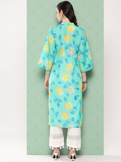 Varanga Women Turqouise Blue Floral Printed Straight Kurta Withthree Quarter Bell Sleeves