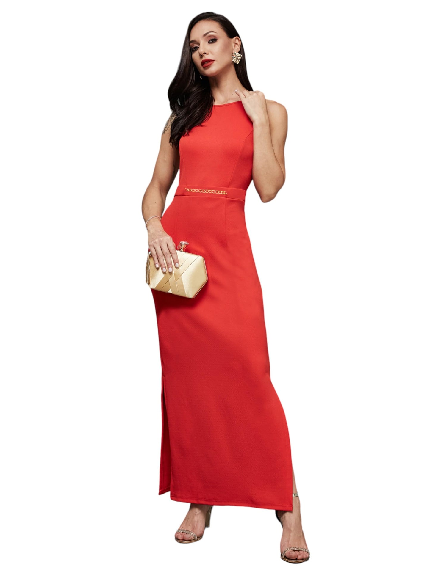 Miss Chase WomenS Solid Slim Fit Round Neck Sleeveless Maxi Dress (Mcss21D14-73-64-06, Red, Xl)