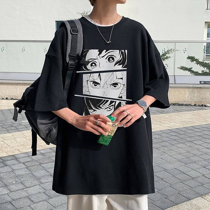 Thalasi Anime Printed Oversized T-Shirts For Men - Down Shoulder Loose Fit Black T-Shirt For Men & Goku, One Piece And Naruto Pr