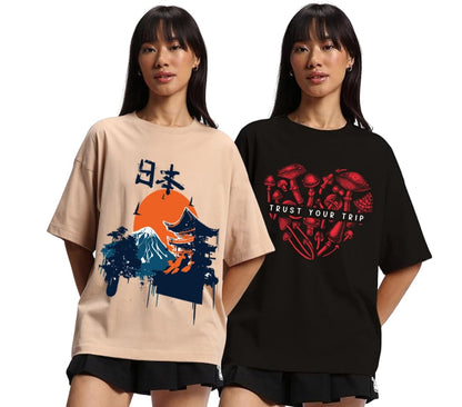 Juneberry Pure 100% Cotton Oversized Loose Baggy Fit Drop Shoulder Latest Aesthetic & Cool Graphic Prinred Half Sleeve T-Shirts