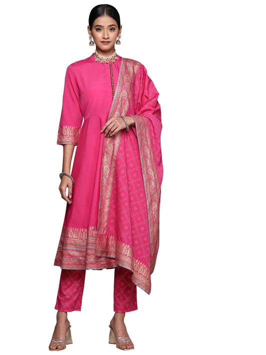 ZIYAA Women's Pink Crepe Kurta, Pant and Dupatta Set
