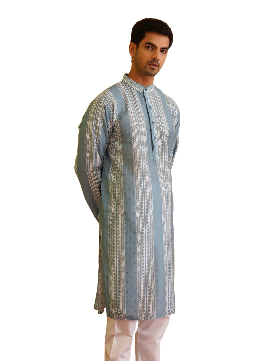 SOJANYA (Since 1958 Men's Cotton Silk Self Design Teal Blue Long Kurta