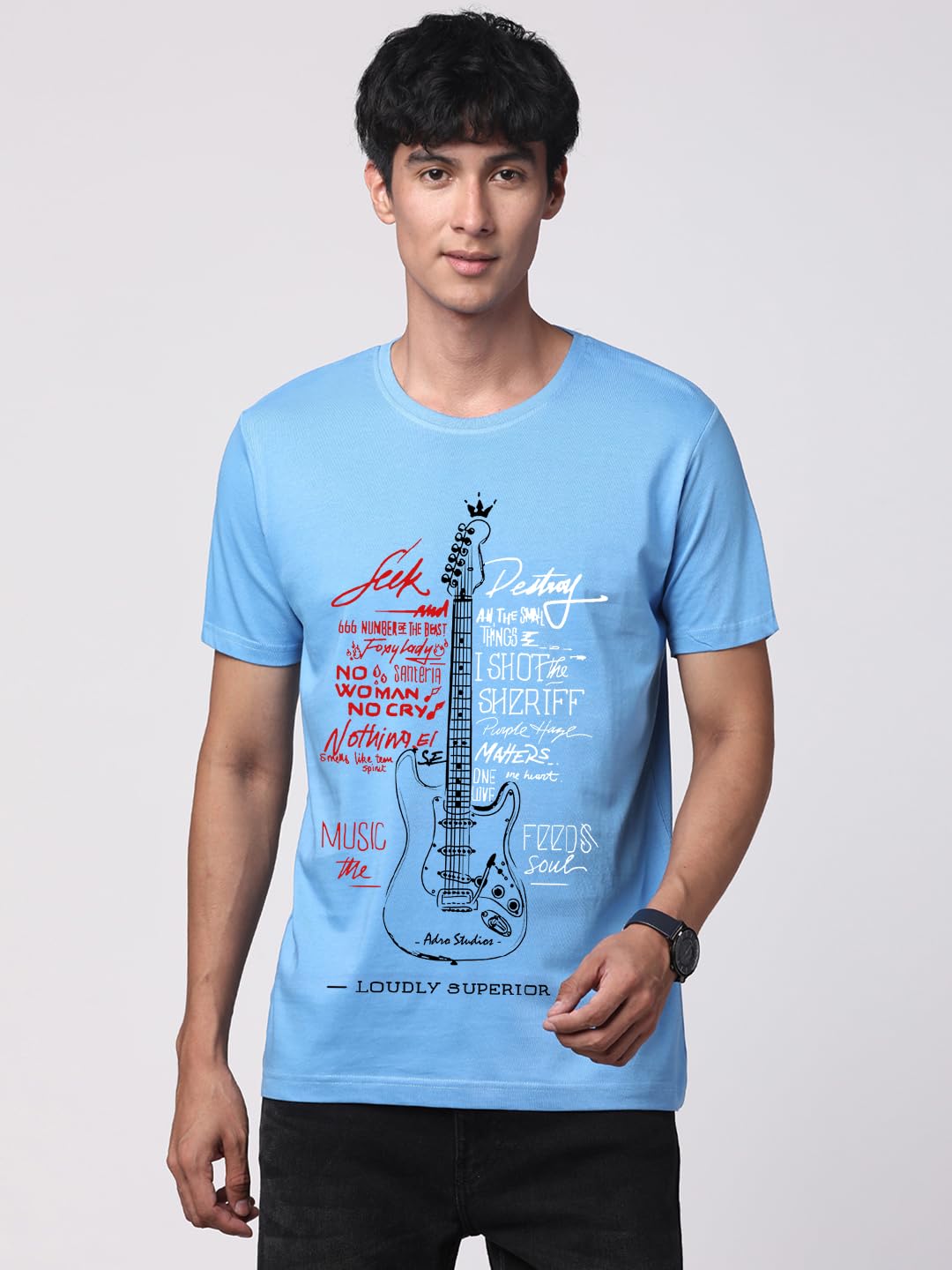 ADRO Guitar Design Printed T-Shirt for Men - 100% Cotton, Regular Fit, Soft Breathable Fabric. (RN23-M-GTR-SK_SkyBlue)