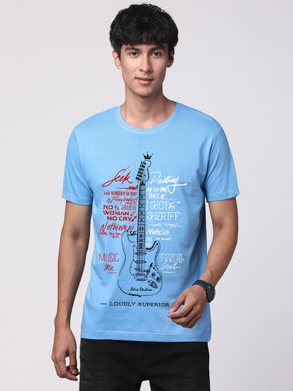 ADRO Guitar Design Printed T-Shirt for Men - 100% Cotton, Regular Fit, Soft Breathable Fabric. (RN23-M-GTR-SK_SkyBlue)