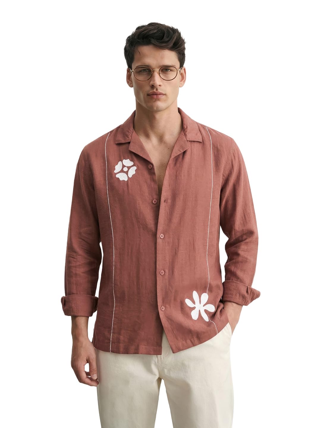 The Indian Garage Co Mens Relaxed Fit Embroidered Cuban Collar Full Sleeves Resort Sweater