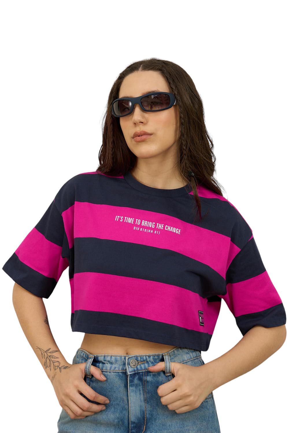 Hubberholme Women Cotton Round Neck Short Sleeves Striped Boxy Tshirts 7