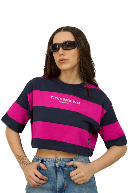 Hubberholme Women Cotton Round Neck Short Sleeves Striped Boxy Tshirts 7