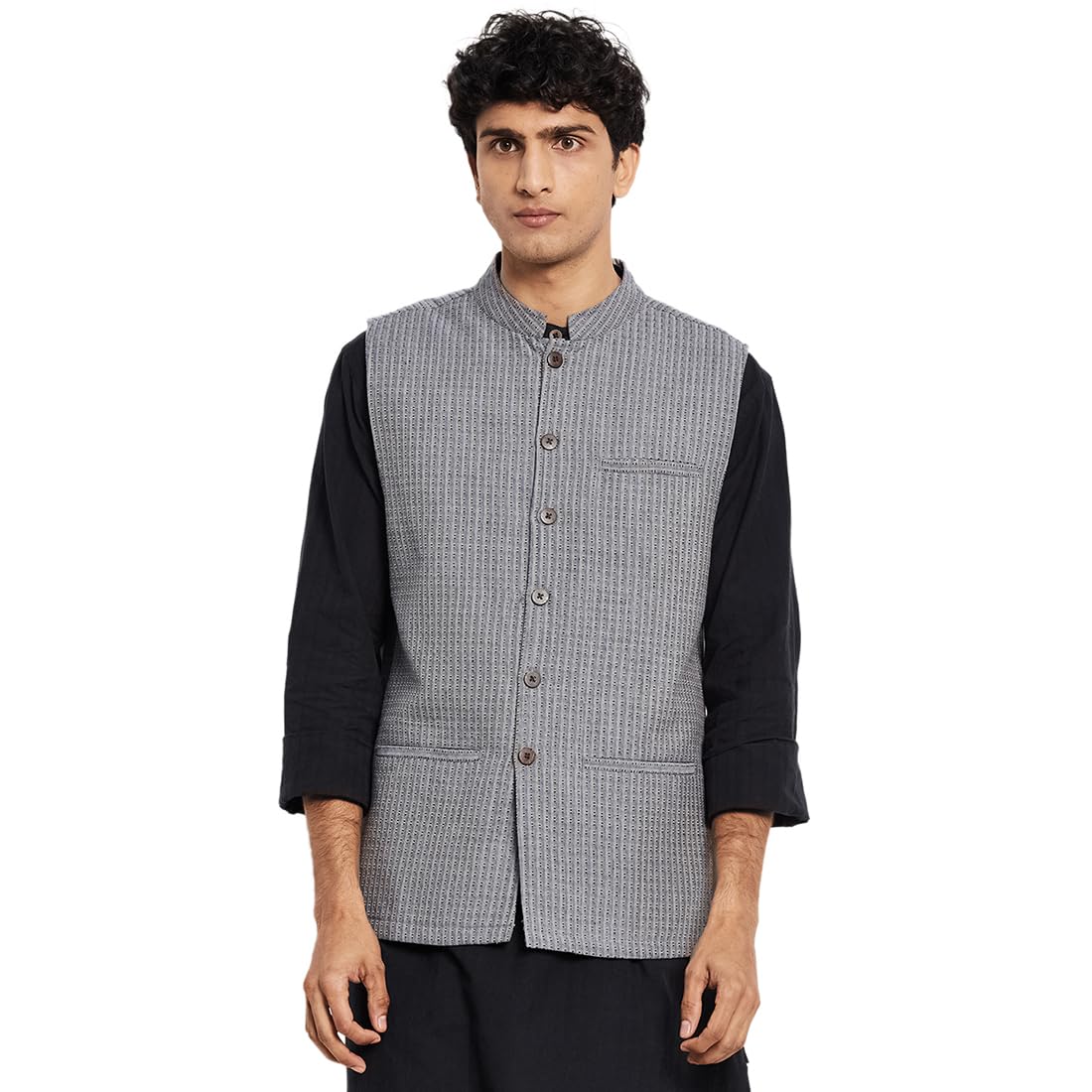 Fabindia MenS Blue Cotton Dobby Weave Nehru Jacket (100510001