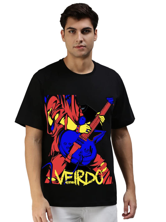 Veirdo Mens Oversized Loose Baggy Fit Drop Shooulder Short Sleeve Cotton Guitar Graphic Printed T-Shirt