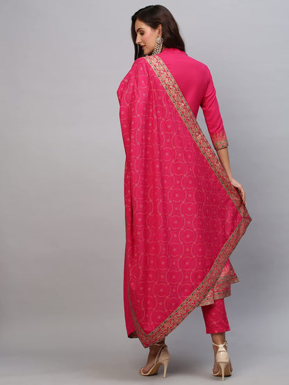 ANNI DESIGNER Womens Cotton Blend Solid Anarkali Kurta with Pant & Dupatta (Panchali-Rani_5XL_Pink_XXXXX-Large)
