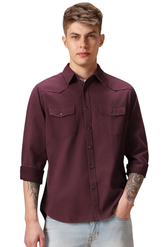 Dennis Lingo Solid Full Sleeves Spread Collar Cotton Relaxed Fit Men Casual Shirt Maroon