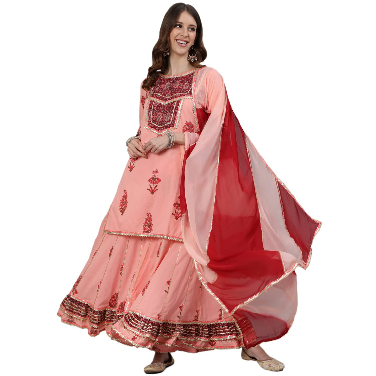 ishin Women's Peach Embroidered A-Line Short Kurta Set with Sharara and Dupatta
